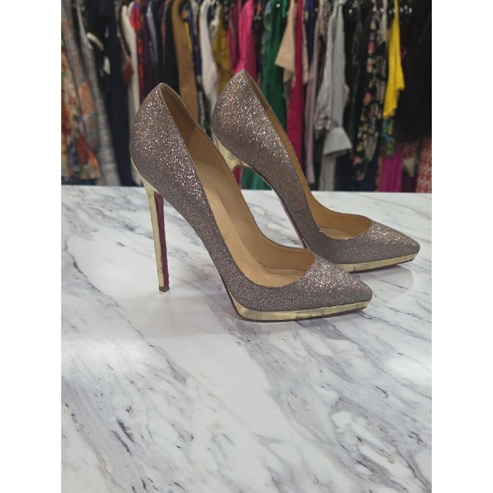 Christian Louboutin Glitter Pointed-Toe Stilettos in Rose Gold and Gold Trim